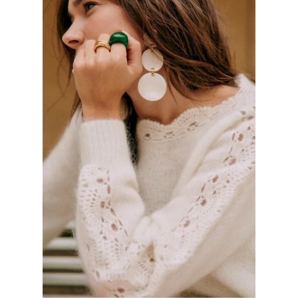 SEZANE Ecru Cream Mohair Wool Scalloped Lace Panel Balloon Sleeve Stacy Sweater - Picture 6 of 17